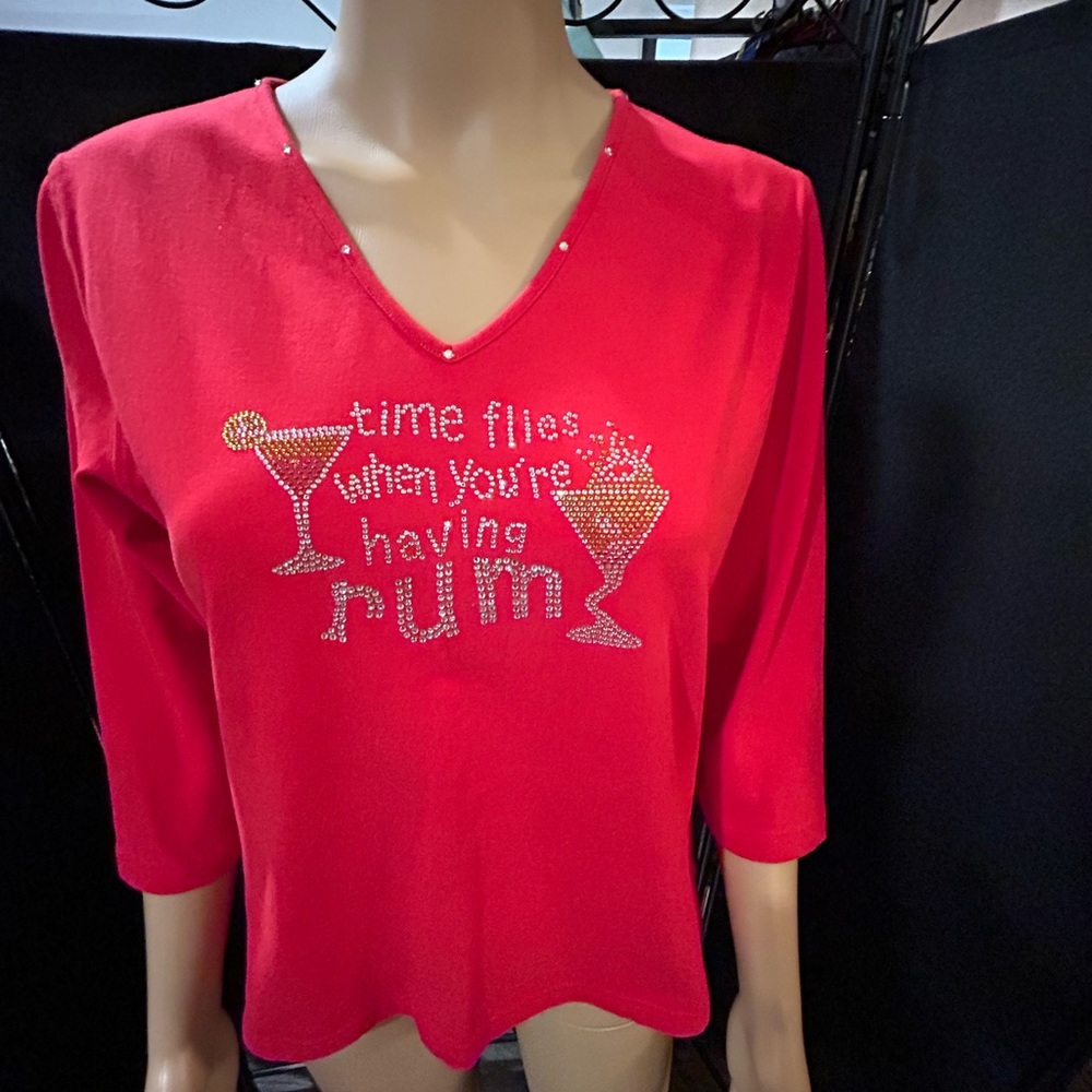 “Time Flies when you’re having Rum” 3/4 length sleeves red r-shirt. Sz M